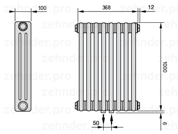 Схема (чертеж) Радиатор Zehnder Charleston 3100/8 №5410 Белый глянцевый RAL 9016